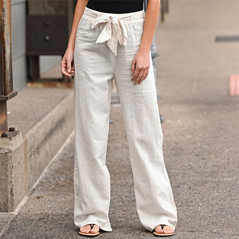 Linen Cotton Solid Elastic Waist Trousers Casual Pants - Busy Bee Bazaar