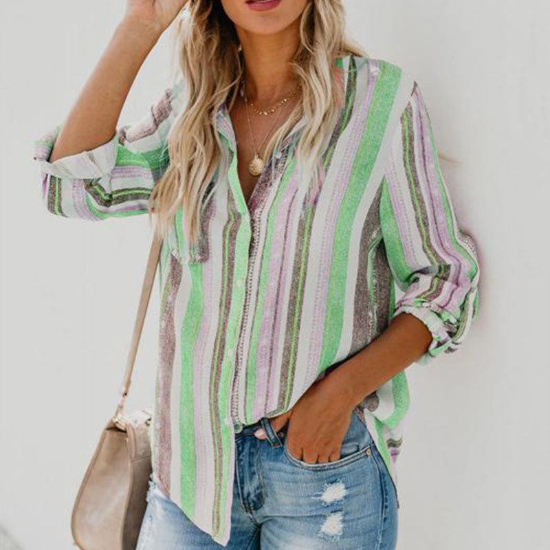 Long Sleeve Stripe Print Vintage Blouse - Busy Bee Bazaar