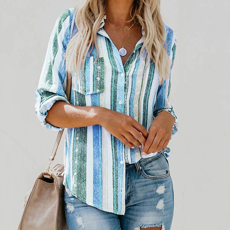 Long Sleeve Stripe Print Vintage Blouse - Busy Bee Bazaar