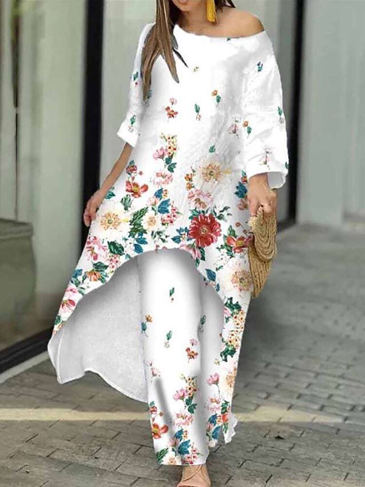 Loungewear X-Long Top Print Three Quater Sleeve O-Neck Outfit - Busy Bee Bazaar