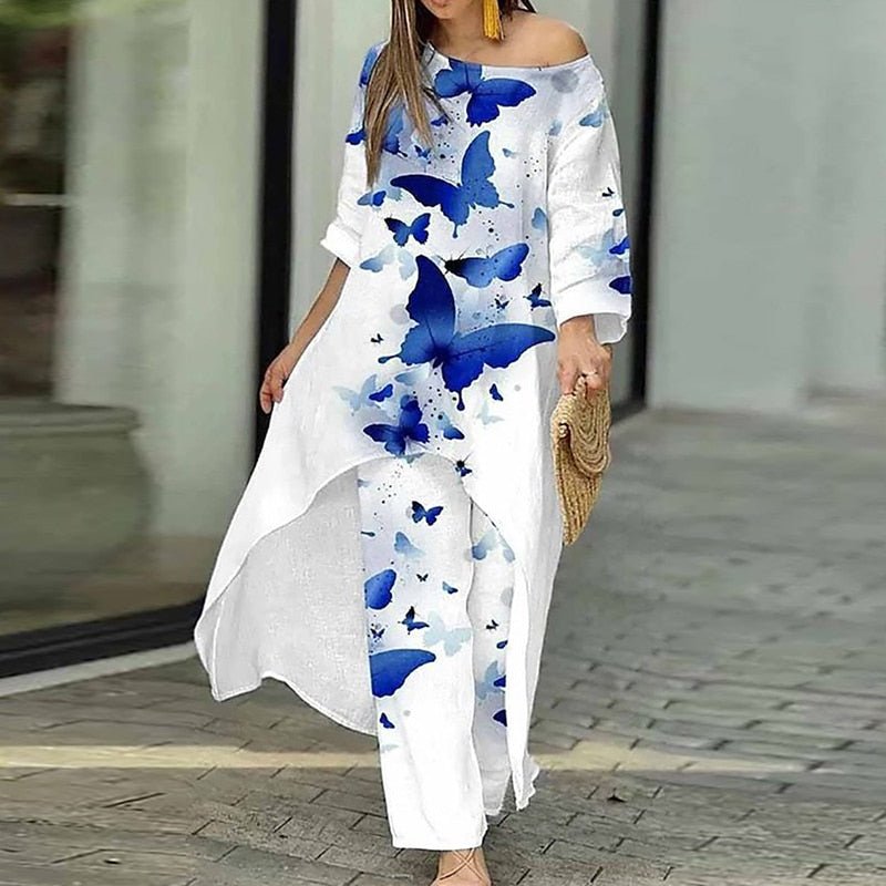 Loungewear X-Long Top Print Three Quater Sleeve O-Neck Outfit - Busy Bee Bazaar