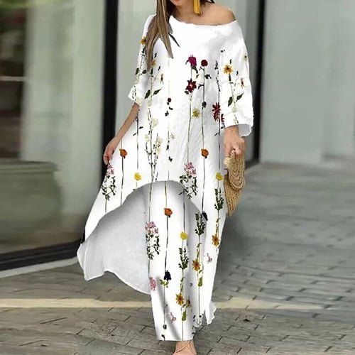 Loungewear X-Long Top Print Three Quater Sleeve O-Neck Outfit - Busy Bee Bazaar