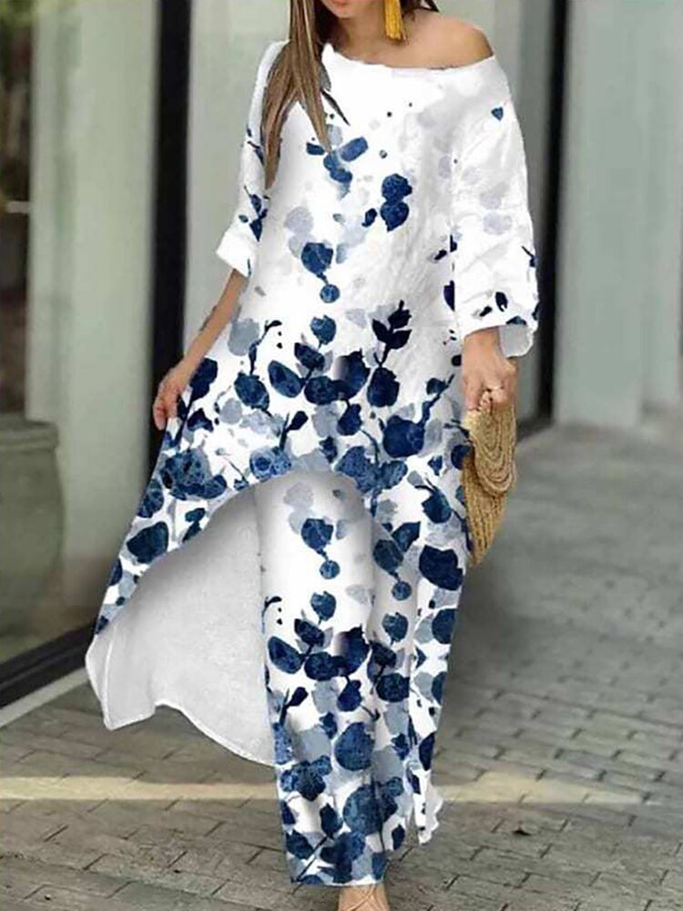 Loungewear X-Long Top Print Three Quater Sleeve O-Neck Outfit - Busy Bee Bazaar