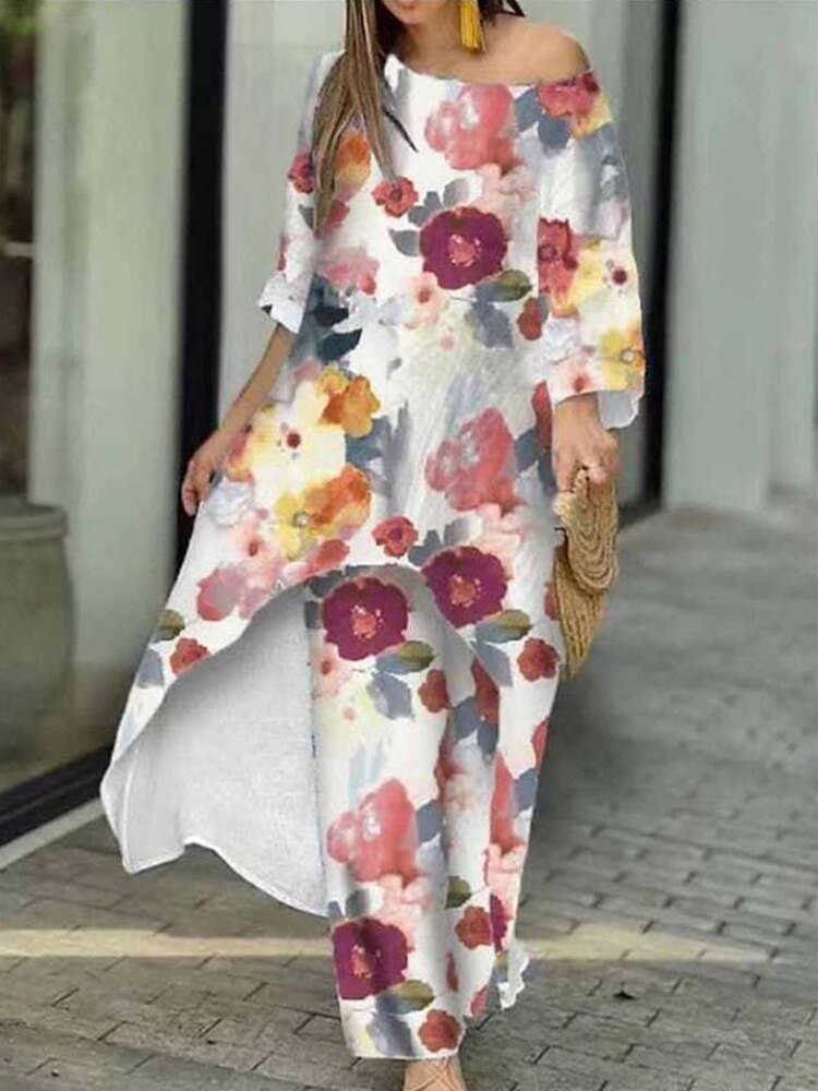 Loungewear X-Long Top Print Three Quater Sleeve O-Neck Outfit - Busy Bee Bazaar