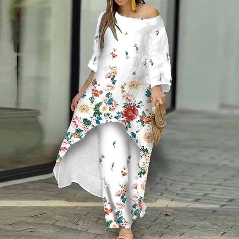 Loungewear X-Long Top Print Three Quater Sleeve O-Neck Outfit - Busy Bee Bazaar