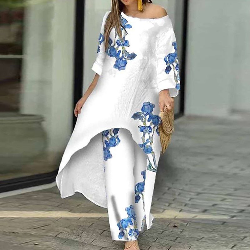 Loungewear X-Long Top Print Three Quater Sleeve O-Neck Outfit - Busy Bee Bazaar