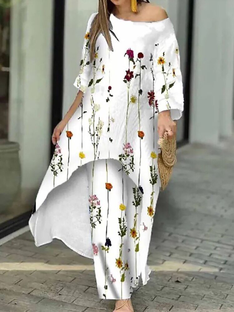 Loungewear X-Long Top Print Three Quater Sleeve O-Neck Outfit - Busy Bee Bazaar
