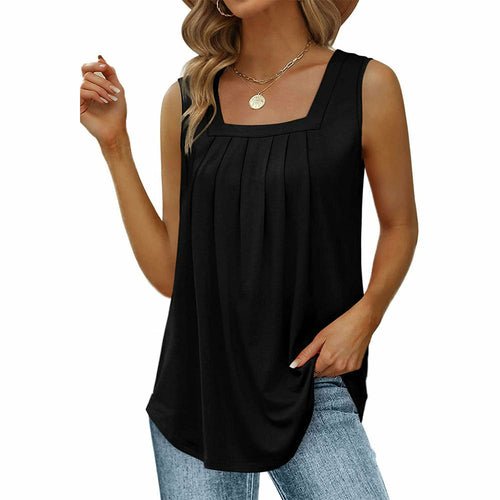 Pleated Square Neck Sleeveless Tail Hem Vest T-Shirt - Busy Bee Bazaar