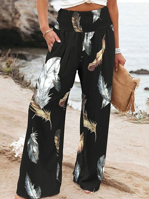 Print Casual High Waist Wide Leg Pants - Busy Bee Bazaar