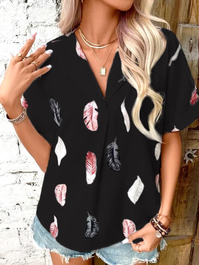 Printed feather shirt Short sleeve shirt - Busy Bee Bazaar