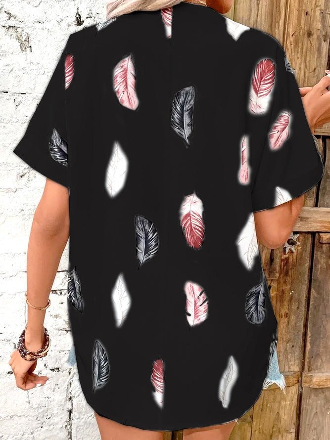 Printed feather shirt Short sleeve shirt - Busy Bee Bazaar