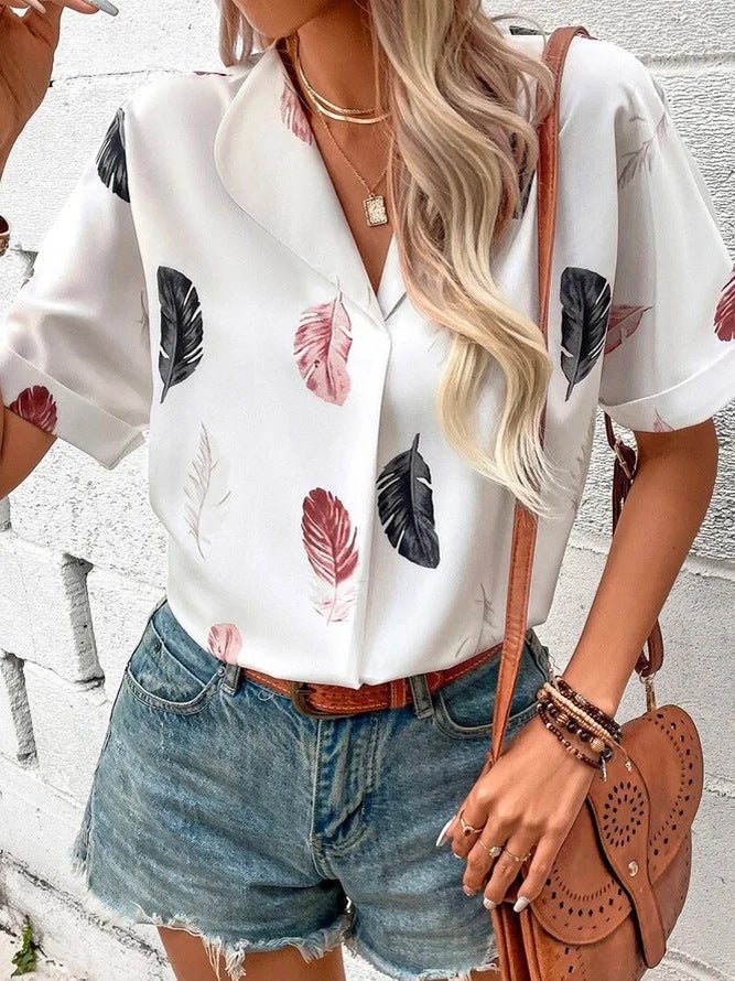 Printed feather shirt Short sleeve shirt - Busy Bee Bazaar
