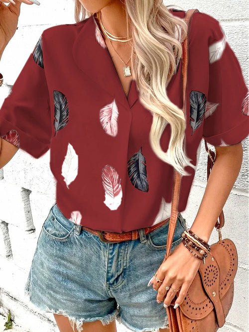 Printed feather shirt Short sleeve shirt - Busy Bee Bazaar