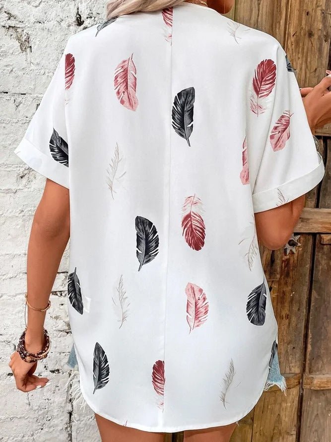 Printed feather shirt Short sleeve shirt - Busy Bee Bazaar
