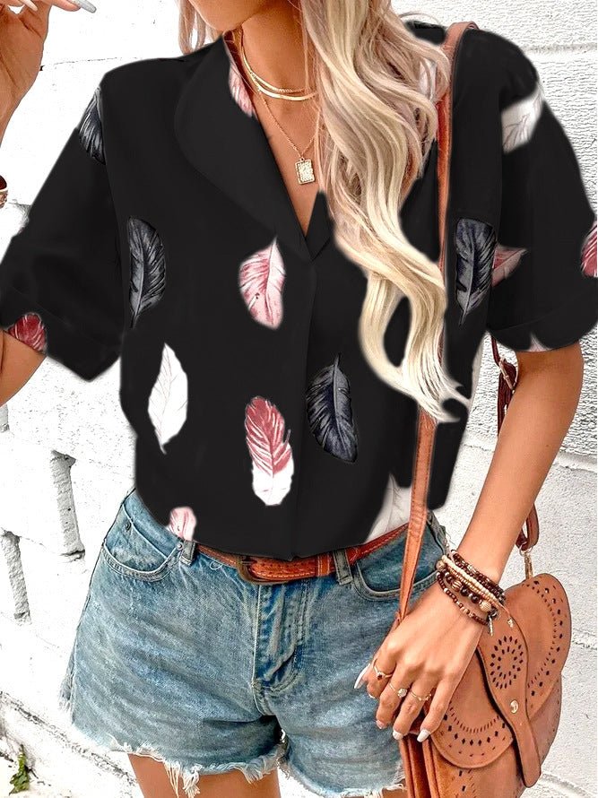 Printed feather shirt Short sleeve shirt - Busy Bee Bazaar