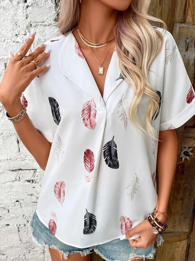 Printed feather shirt Short sleeve shirt - Busy Bee Bazaar