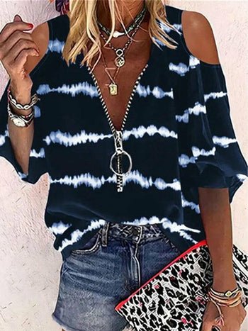 Printed Zipper Blouse Off Shoulder Hollow Out Party Tops - Busy Bee Bazaar