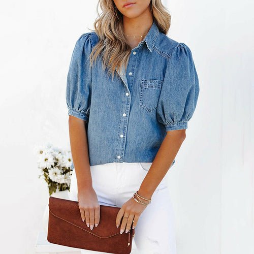 Puff Sleeve Elegant Turn-down Collar Denim Top - Busy Bee Bazaar