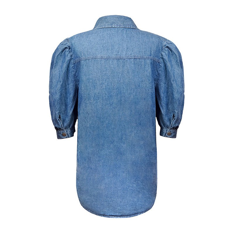 Puff Sleeve Elegant Turn-down Collar Denim Top - Busy Bee Bazaar