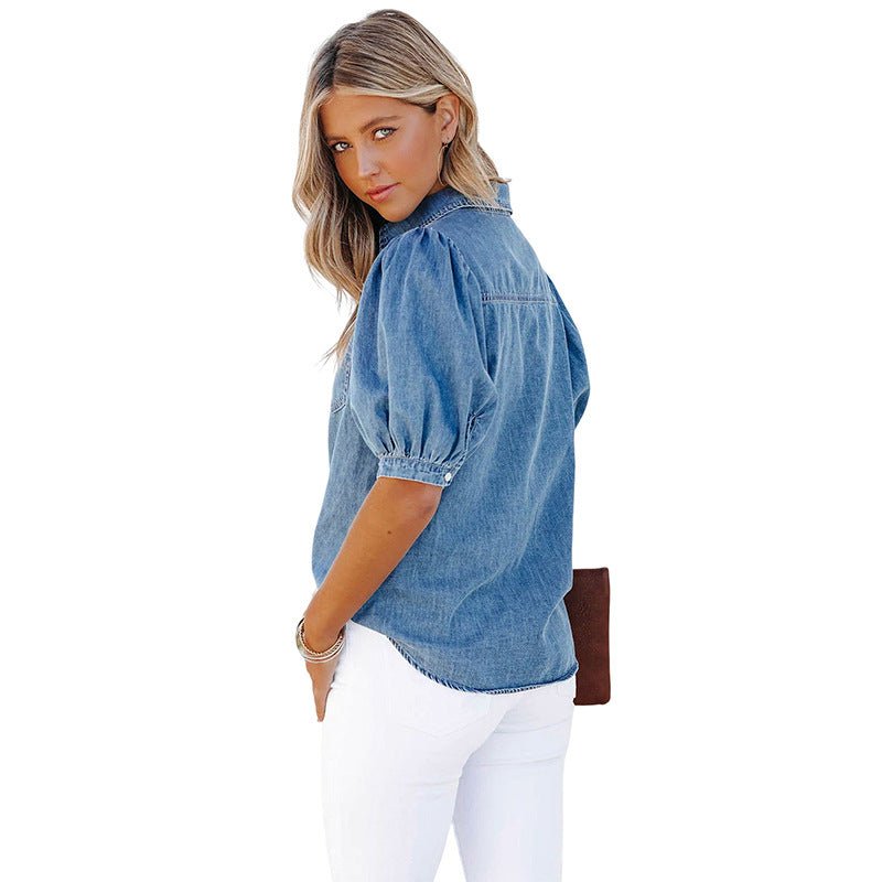 Puff Sleeve Elegant Turn-down Collar Denim Top - Busy Bee Bazaar