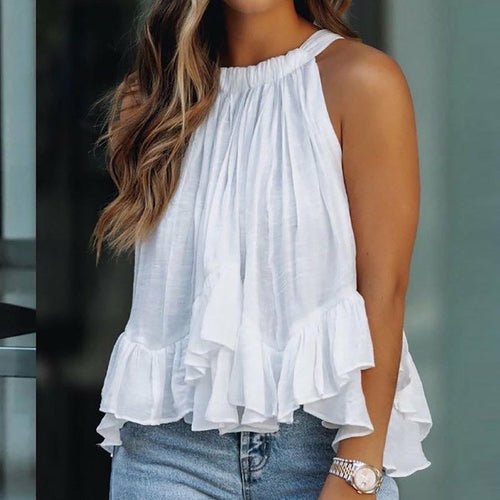 Ruffles Beach Tops Pullover Halter Sleeveless Tank Blouse - Busy Bee Bazaar