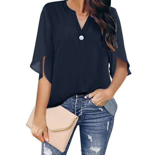 Short Sleeved Solid Color V-neck Chiffon Shirt - Busy Bee Bazaar