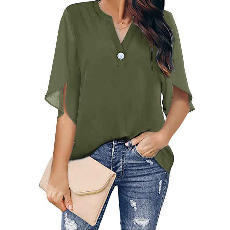 Short Sleeved Solid Color V-neck Chiffon Shirt - Busy Bee Bazaar
