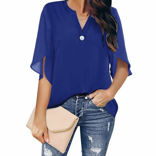 Short Sleeved Solid Color V-neck Chiffon Shirt - Busy Bee Bazaar