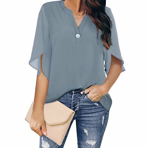 Short Sleeved Solid Color V-neck Chiffon Shirt - Busy Bee Bazaar