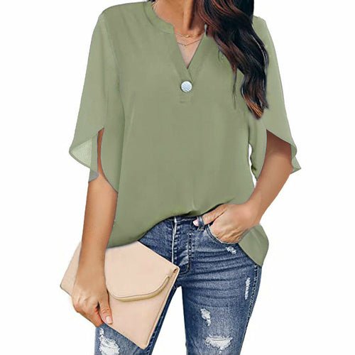 Short Sleeved Solid Color V-neck Chiffon Shirt - Busy Bee Bazaar