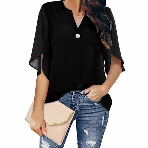 Short Sleeved Solid Color V-neck Chiffon Shirt - Busy Bee Bazaar