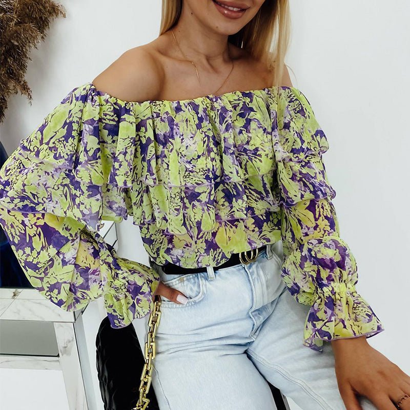 Slash Neck Long Sleeve Chiffon Blouse - Busy Bee Bazaar