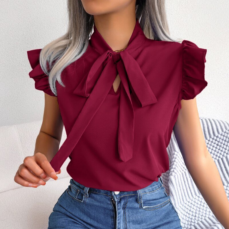 Sleeveless Summer Bow Collar Chiffon Blouse - Busy Bee Bazaar