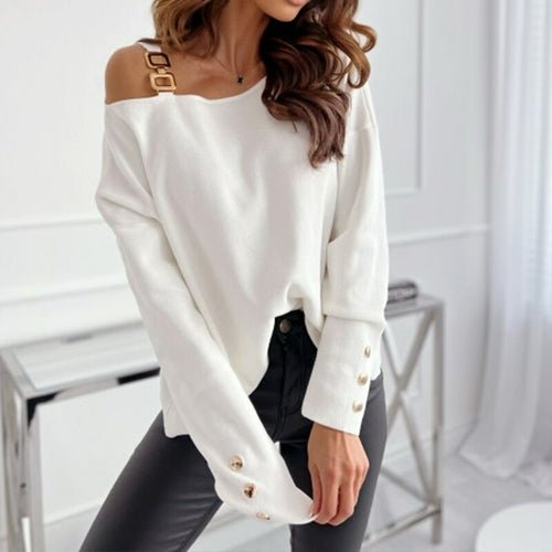 Solid Chain Splicing Tops Casual Long Sleeve Pullover - Busy Bee Bazaar