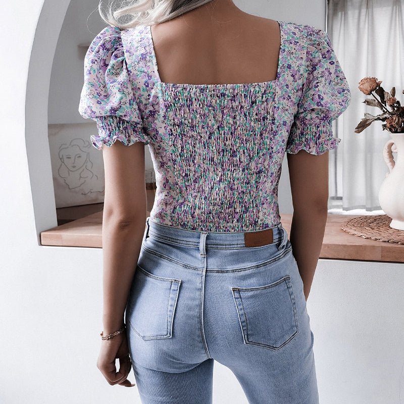 Square Collar Floral Printed Chiffon Tops - Busy Bee Bazaar
