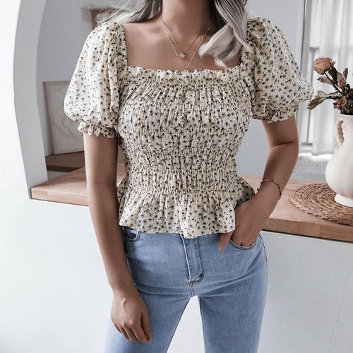 Square Collar Floral Printed Chiffon Tops - Busy Bee Bazaar