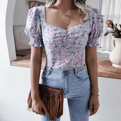 Square Collar Floral Printed Chiffon Tops - Busy Bee Bazaar