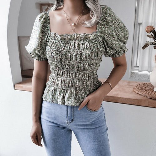 Square Collar Floral Printed Chiffon Tops - Busy Bee Bazaar