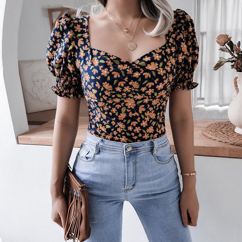 Square Collar Floral Printed Chiffon Tops - Busy Bee Bazaar