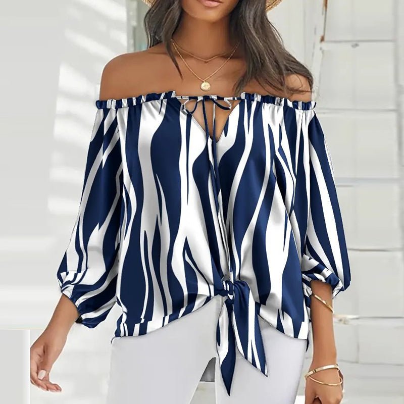 Summer Lace-up Slash Neck Blouses Printed Long Sleeve Pullover - Busy Bee Bazaar
