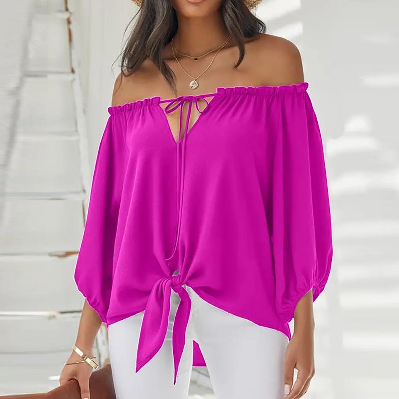 Summer Lace-up Slash Neck Blouses Printed Long Sleeve Pullover - Busy Bee Bazaar