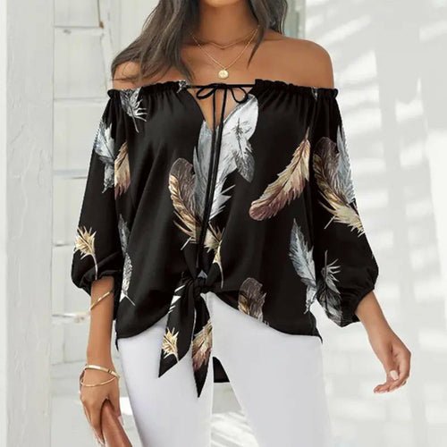 Summer Lace-up Slash Neck Blouses Printed Long Sleeve Pullover - Busy Bee Bazaar