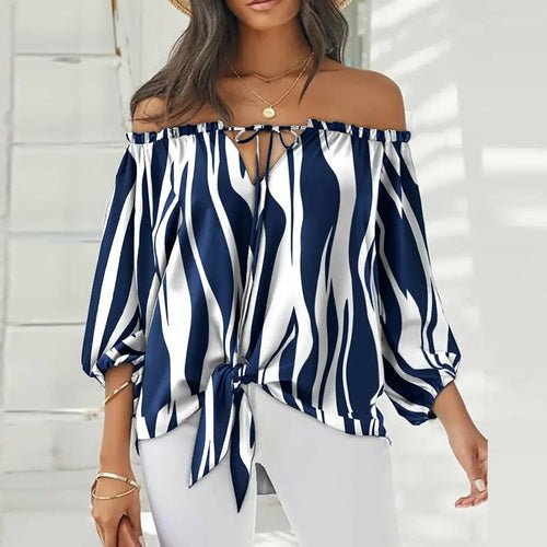 Summer Lace-up Slash Neck Blouses Printed Long Sleeve Pullover - Busy Bee Bazaar