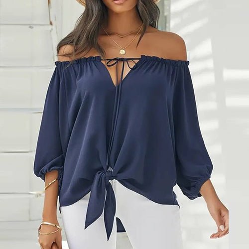 Summer Lace-up Slash Neck Blouses Printed Long Sleeve Pullover - Busy Bee Bazaar