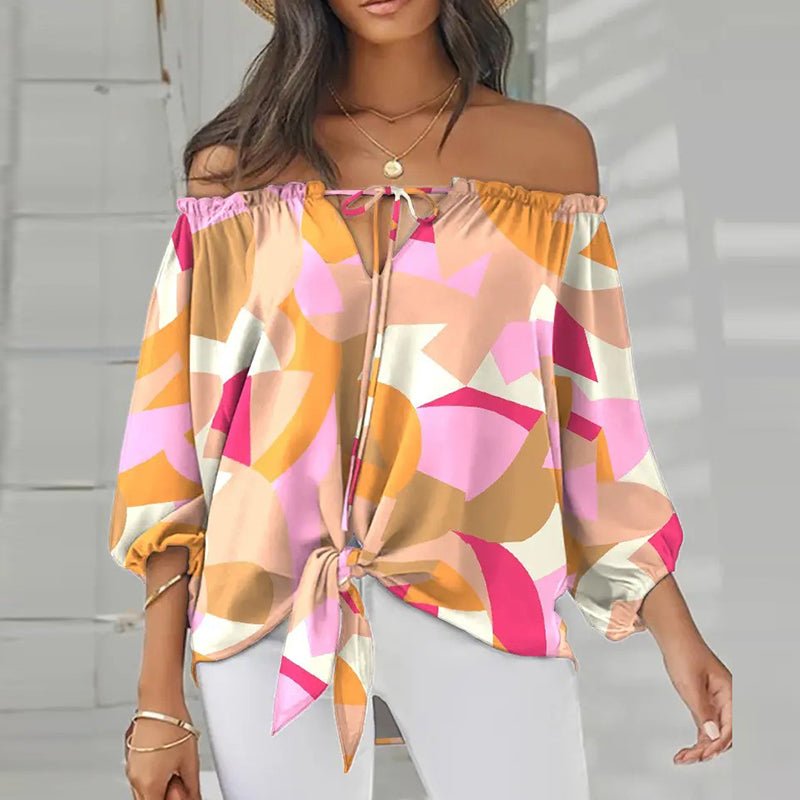 Summer Lace-up Slash Neck Blouses Printed Long Sleeve Pullover - Busy Bee Bazaar