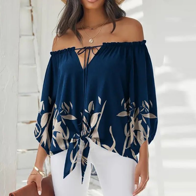 Summer Lace-up Slash Neck Blouses Printed Long Sleeve Pullover - Busy Bee Bazaar