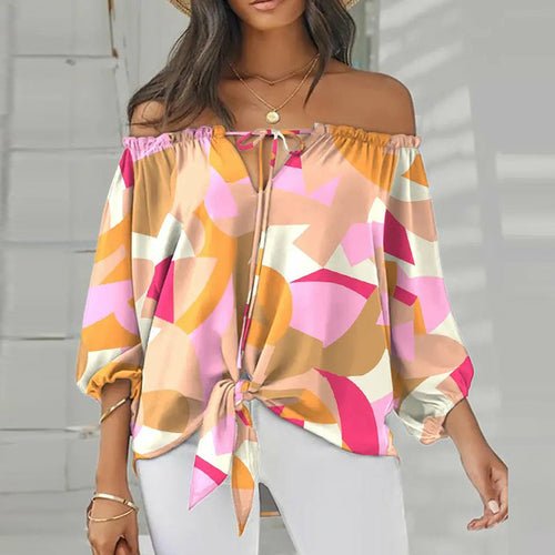 Summer Lace-up Slash Neck Blouses Printed Long Sleeve Pullover - Busy Bee Bazaar