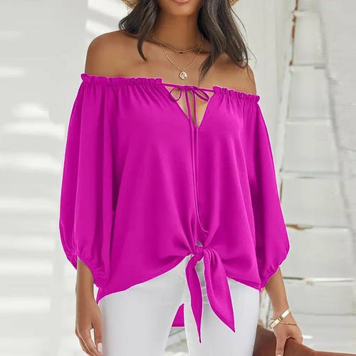Summer Lace-up Slash Neck Blouses Printed Long Sleeve Pullover - Busy Bee Bazaar