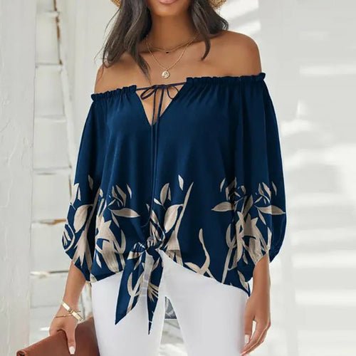 Summer Lace-up Slash Neck Blouses Printed Long Sleeve Pullover - Busy Bee Bazaar