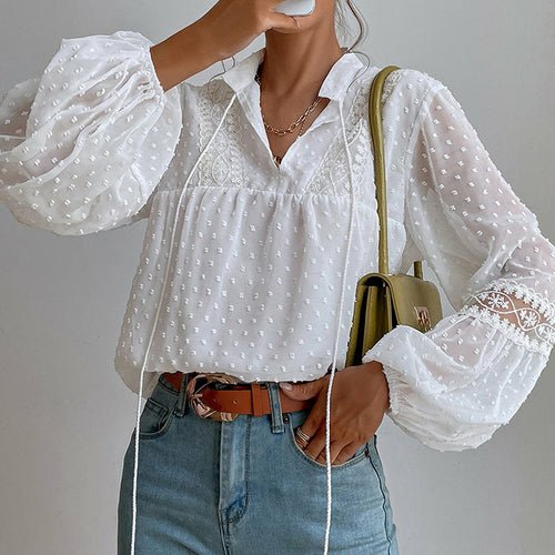 Tassel V Neck Shirt Lantern Sleeve Patchwork Sheer Lace Tops - Busy Bee Bazaar